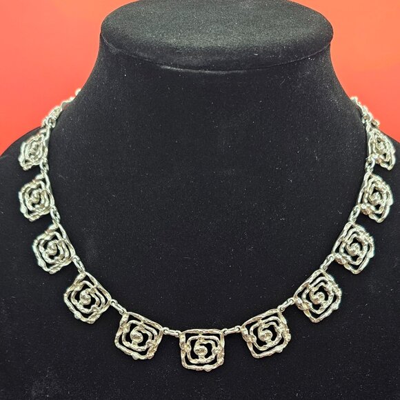 Sterling Silver 925 Modernist Rose Link Necklace 18” – 58g Statement Piece - Picture 2 of 8